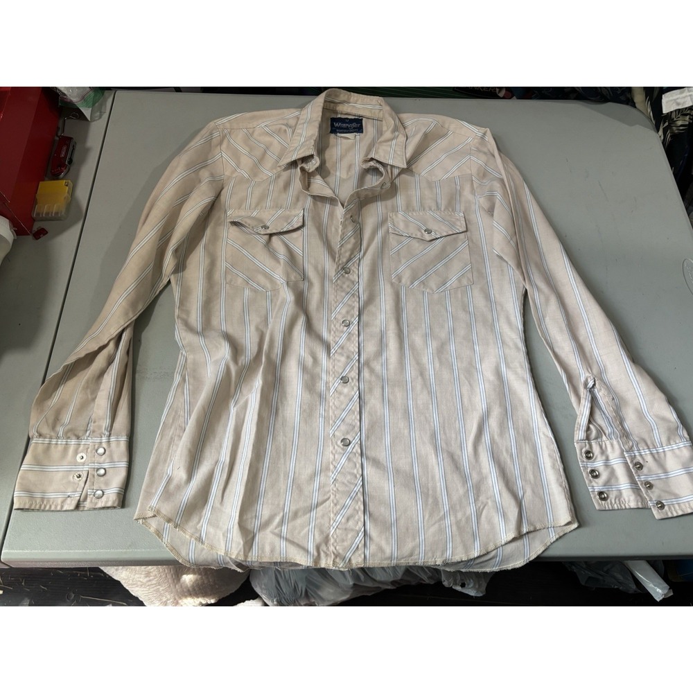 Wrangler Western Shirt Men's M Satin Brown Gold Striped Pearl Snap Cowboy Rodeo